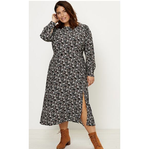 Ann Taylor LOFT Floral Midi Dress WMNS 2 Black Puff Sleeve High Neck Zip Slit LS - Picture 1 of 16